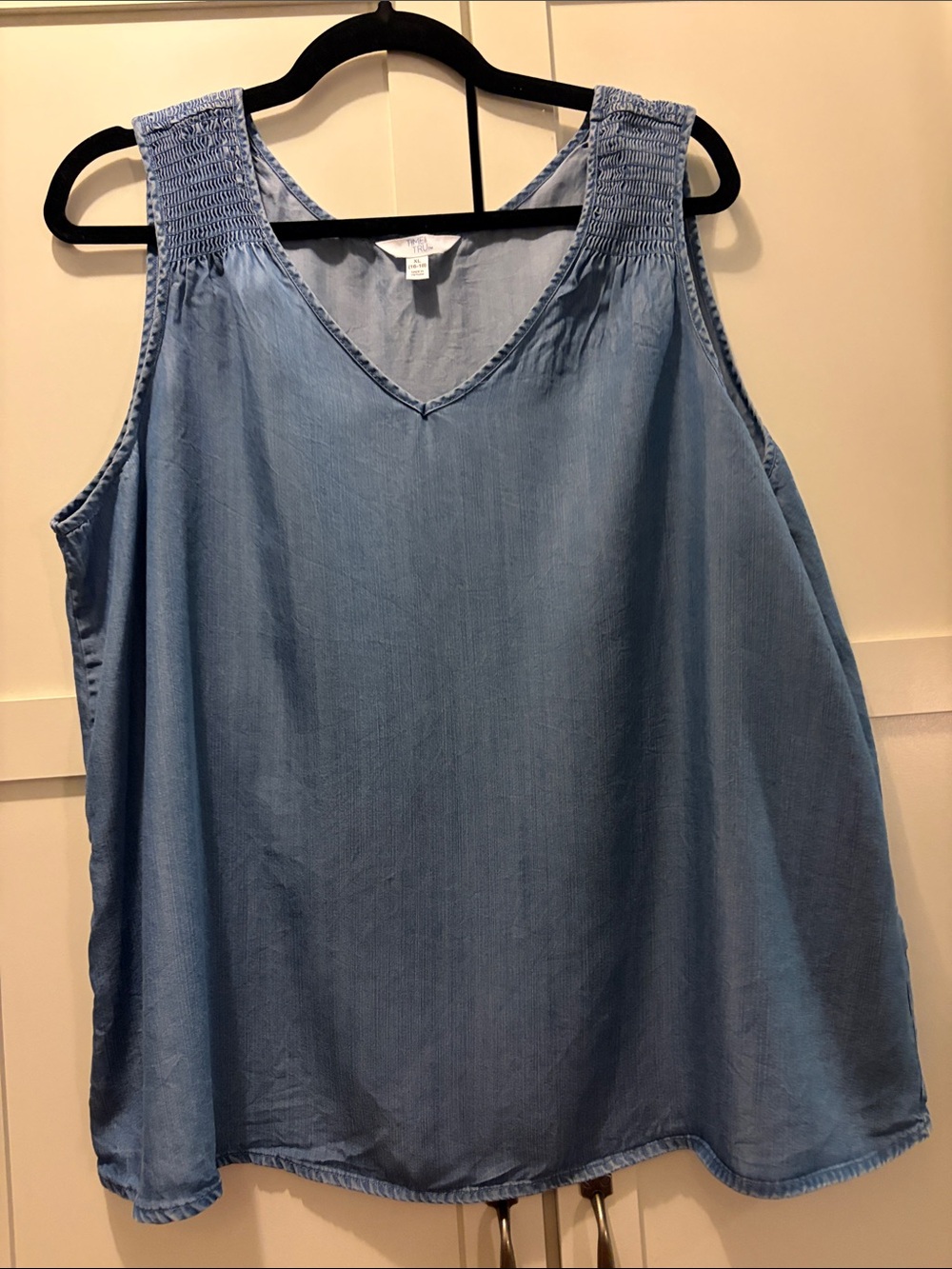 Time & true  Light Blue V-Neck Tank with Smocked Shoulders